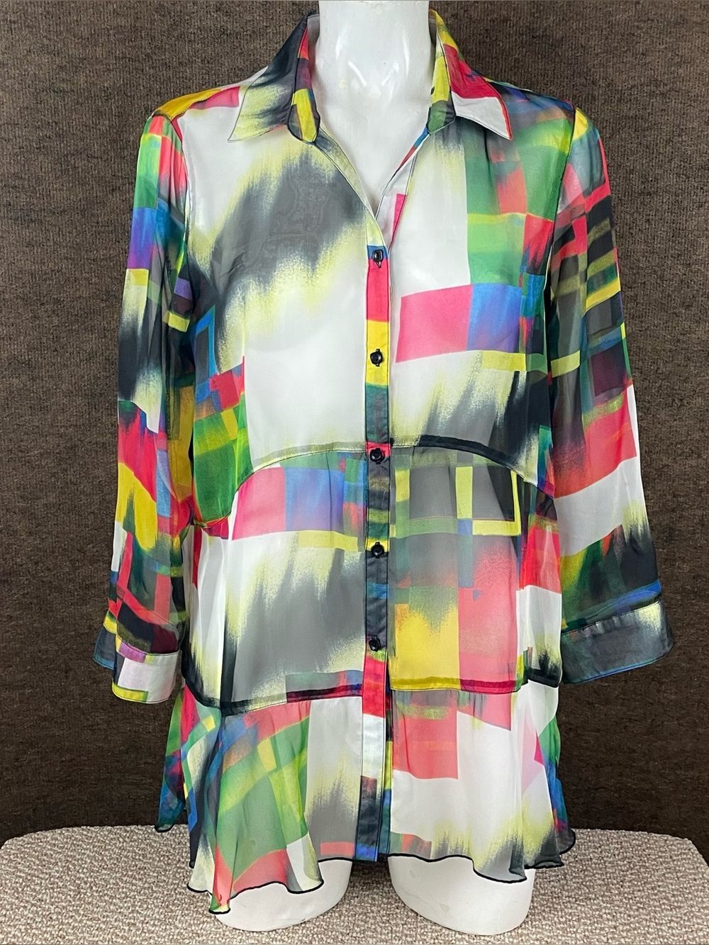 Ali Miles Tunic Top Medium Sheer Button Up Maximalism Abstract Art To Wear 397